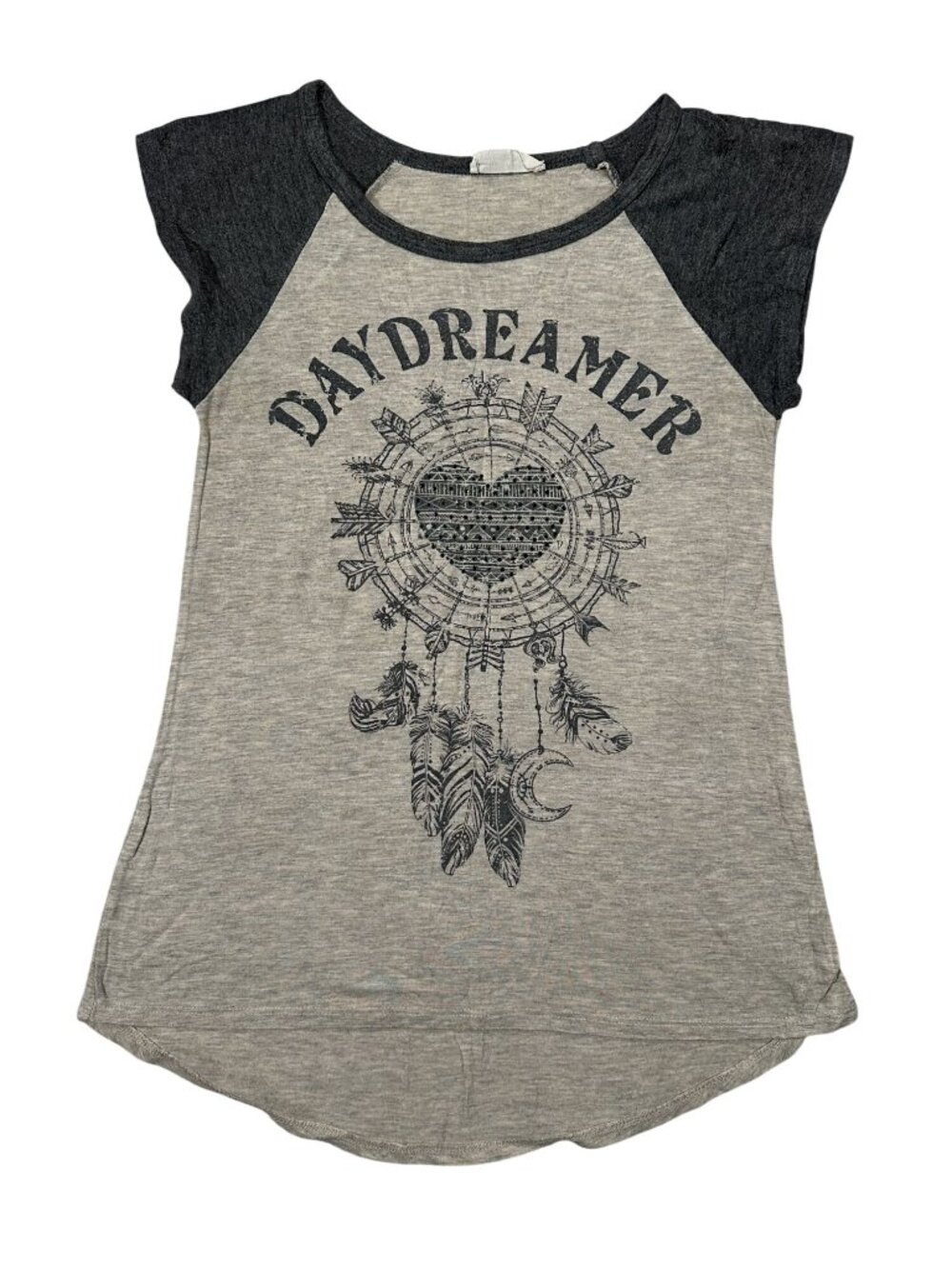 French Pastry Womens Small Daydreamer Graphic Raglan Tee Gray & Beige Casual USA